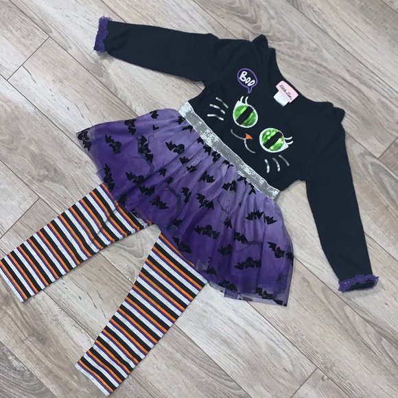Girls Halloween Cat Bats Sequin 2pc tutu Outfit 3T